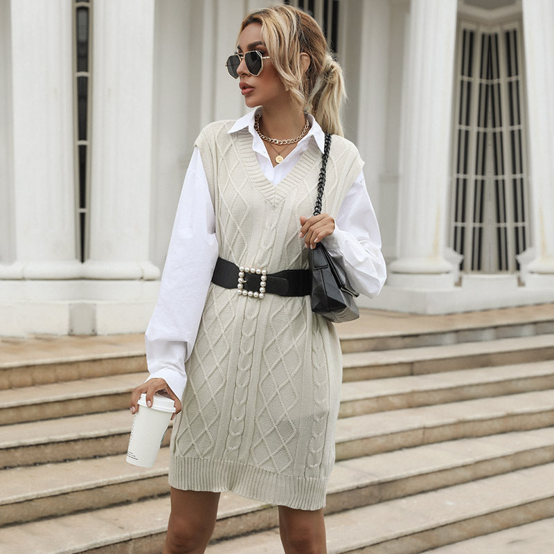 Sleeveless Cable Knit Sweater Dress with V-Neck