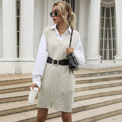 Sleeveless Cable Knit Sweater Dress with V-Neck