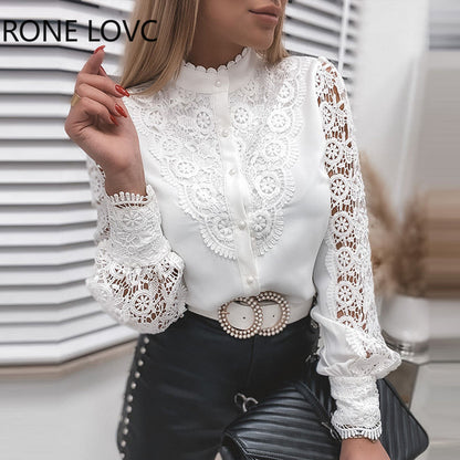 Solid Lace Button-Up Blouse with Stand Collar