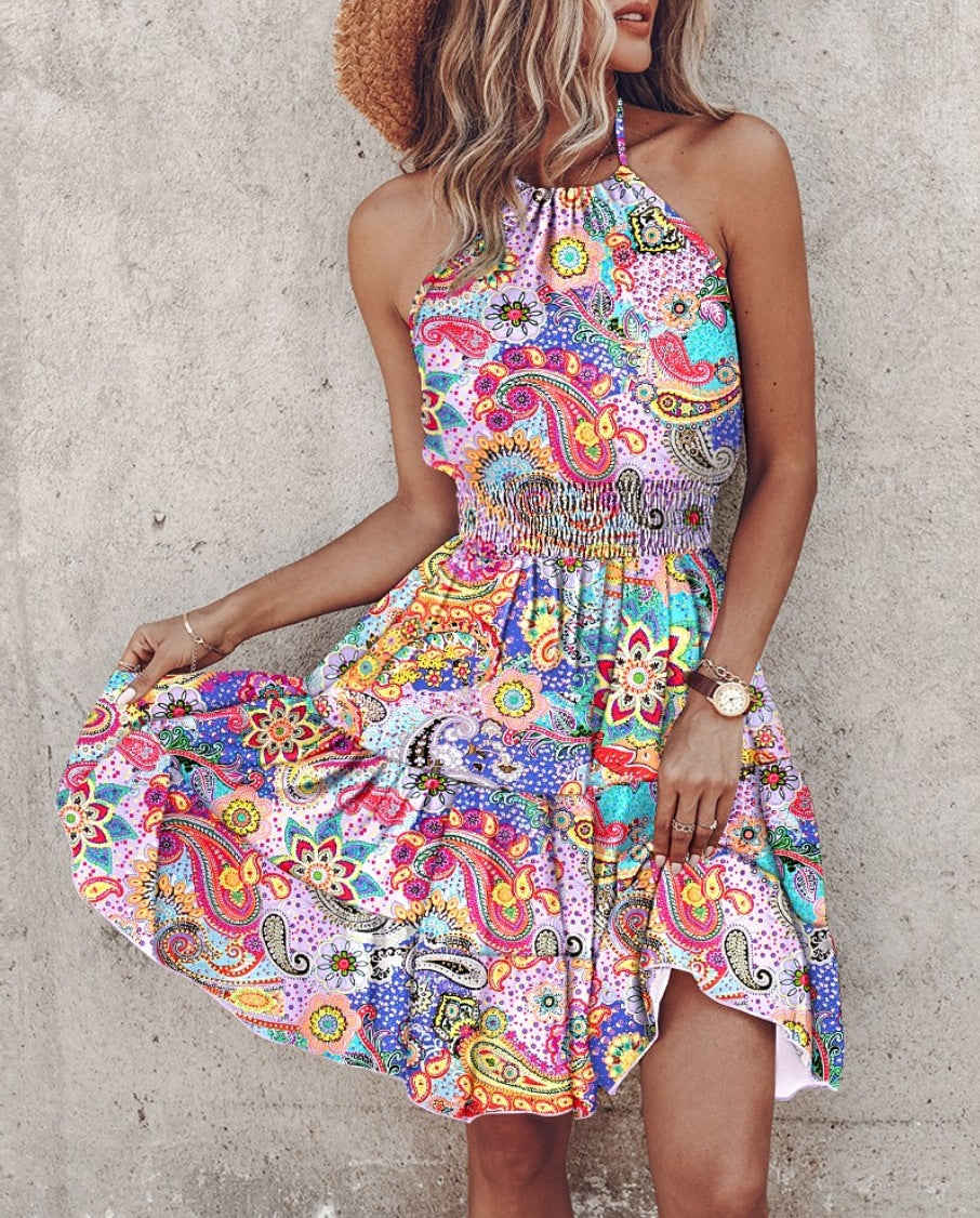 Vibrant Printed Dress with Halter Neck and Smocked Waist