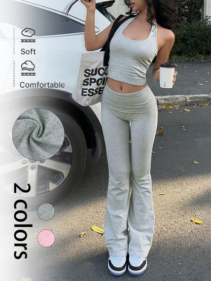 Backless Halter Top and Slim Flared Pants Set