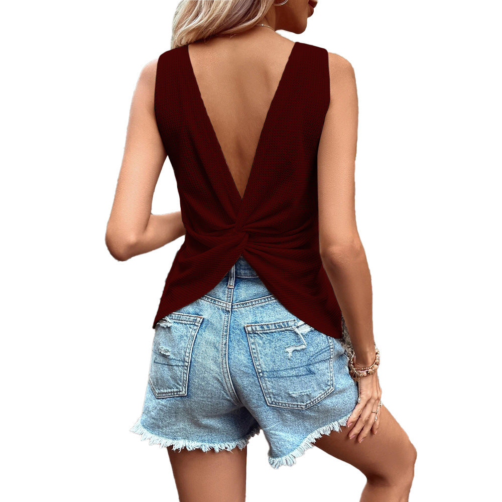 Waffle Knit Tank Top with V-Neck and Backless Detail