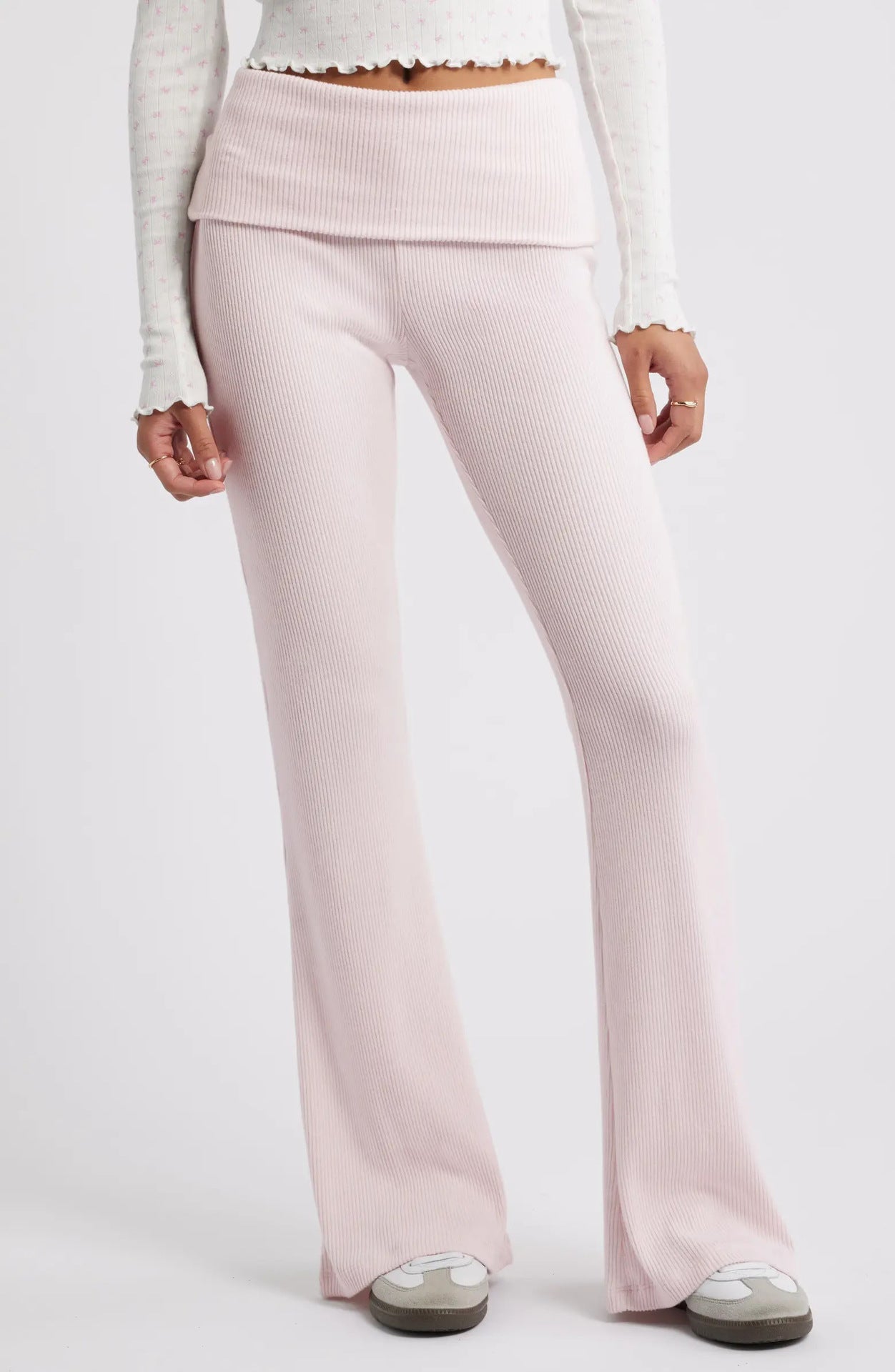 Ribbed Knit Flared Pants with Fold-Over Waistband