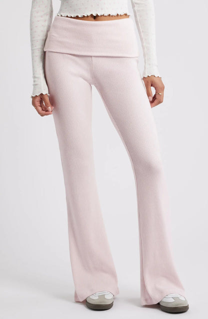 Ribbed Knit Flared Pants with Fold-Over Waistband