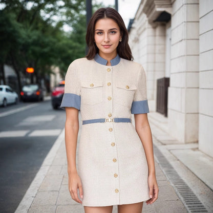 Tweed A-Line Mini Dress with Contrast Trim and Gold Buttons