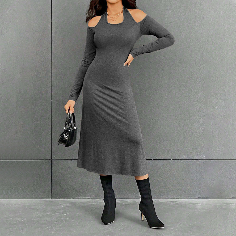 A-Line Midi Dress with Halter Neck and Cold Shoulders