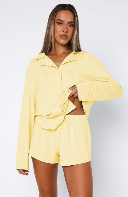Long Sleeve Pajama Set with Notched Collar and Shorts