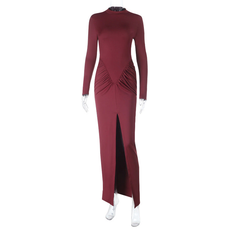 Long-Sleeve Bodycon Maxi Dress with Ruched Waist and High Slit