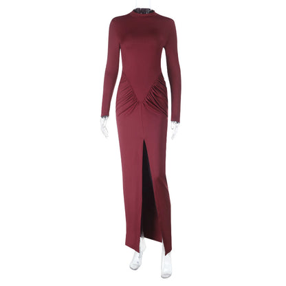 Long-Sleeve Bodycon Maxi Dress with Ruched Waist and High Slit