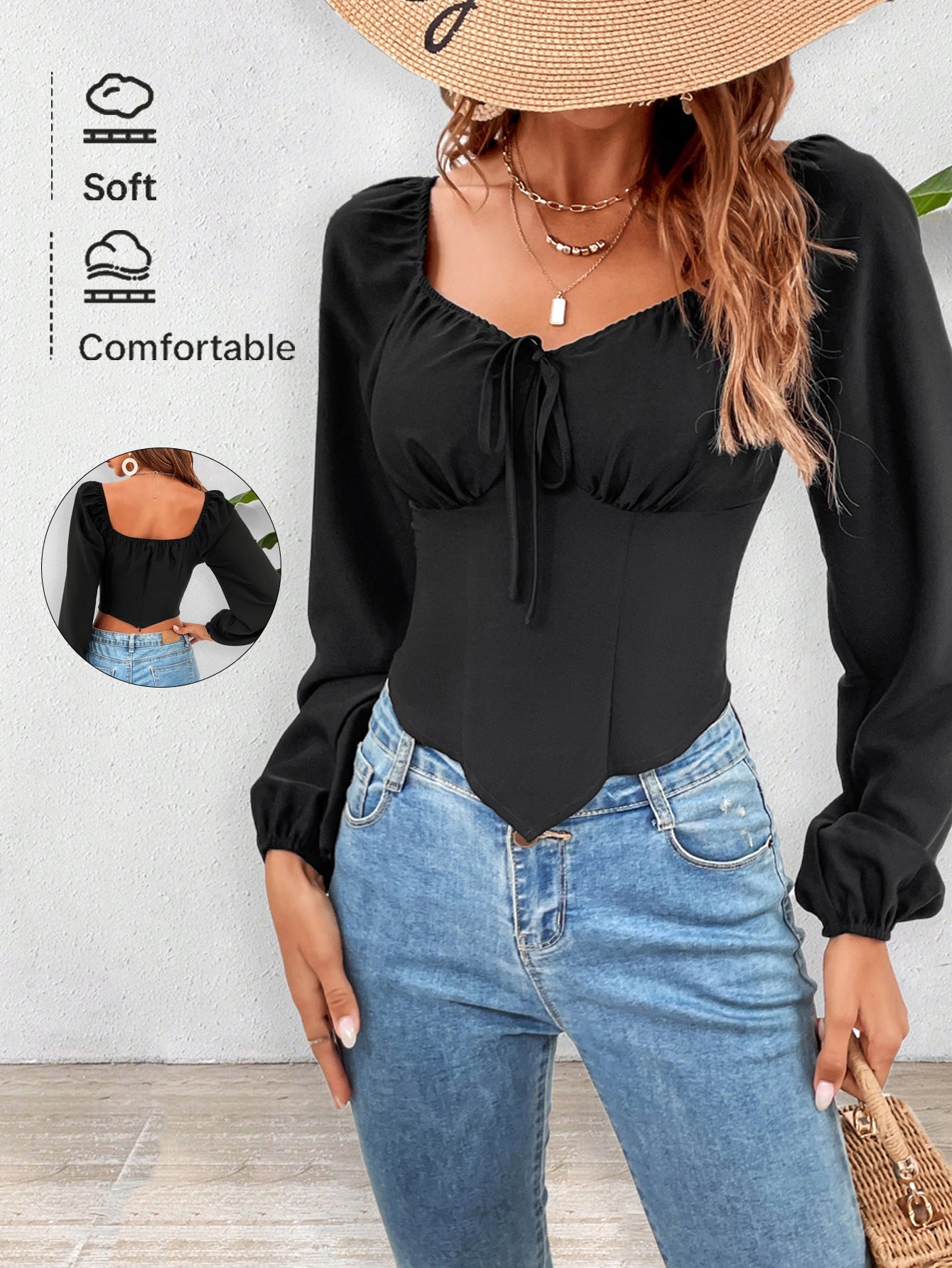 Slim Fit Lantern Sleeve Top with Square Neck and Tie Detail