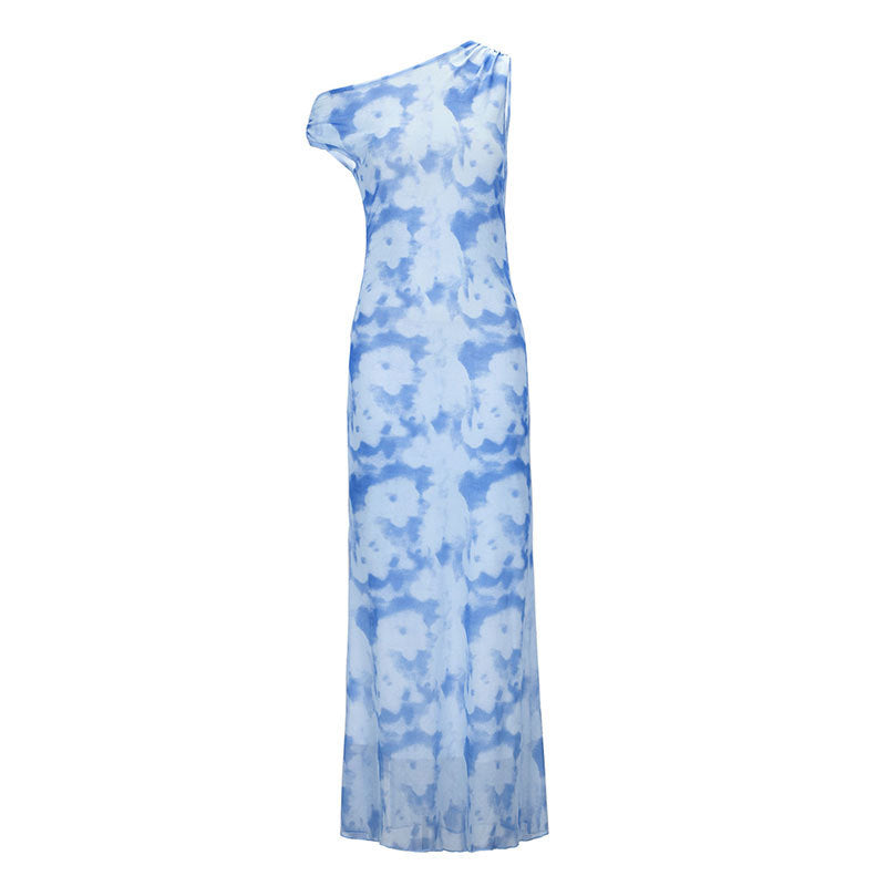 Cloud Print Bodycon Maxi Dress with One-Shoulder and Slit