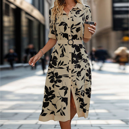 Floral Print Midi Shirt Dress with Belted Waist