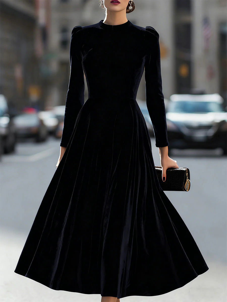 Velvet Swing Midi Dress with Round Neck and Puff Shoulders
