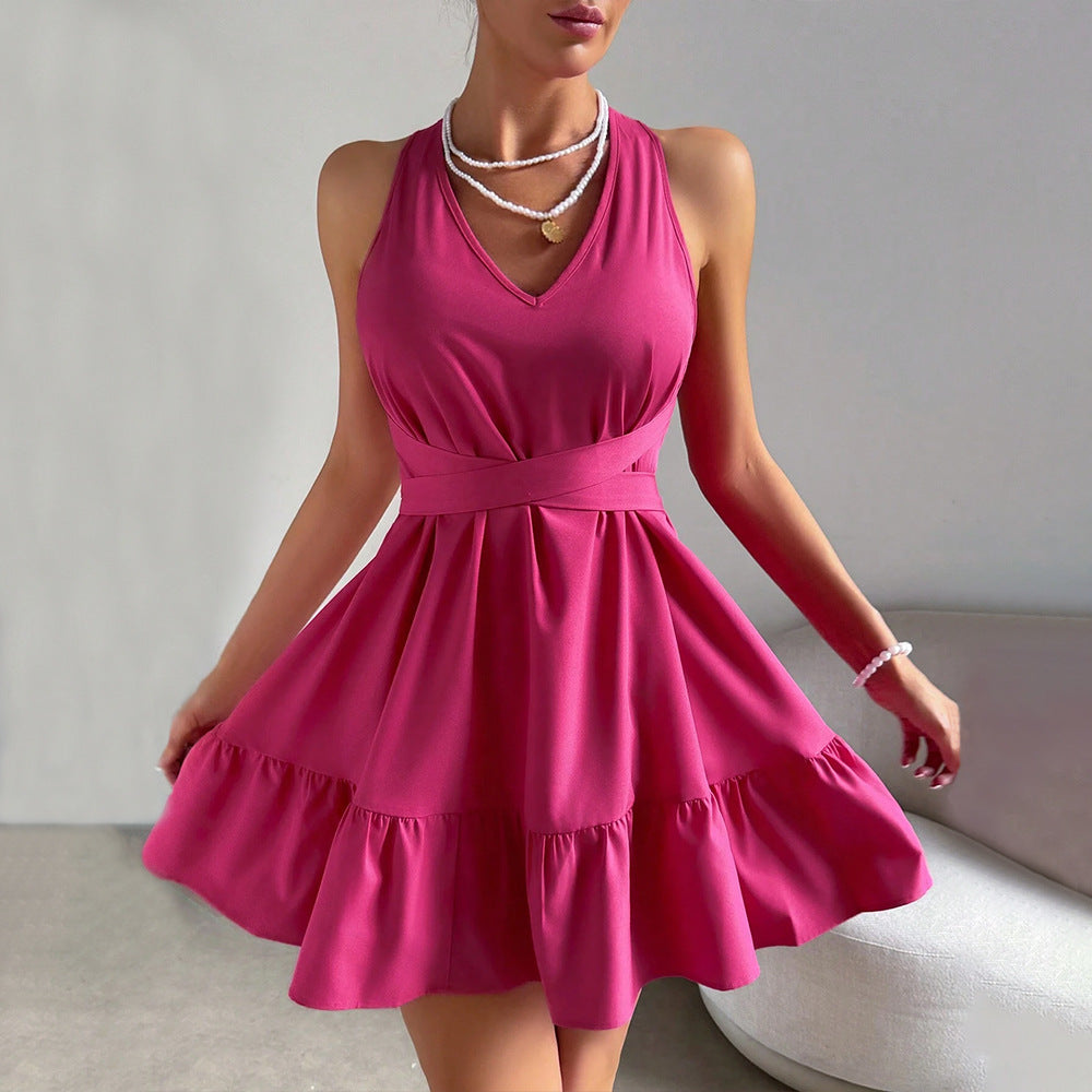 High-Waist A-Line Mini Dress with Halter Neck and Ruffle Hem