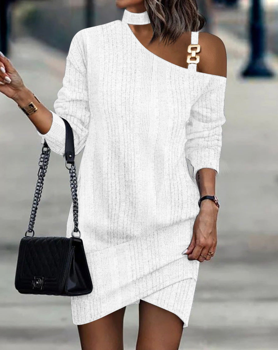 Ribbed Knit Mini Dress with Choker Halter and Buckle Shoulder