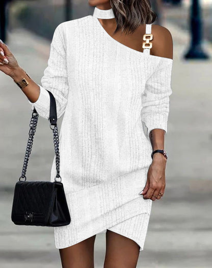 Ribbed Knit Mini Dress with Choker Halter and Buckle Shoulder