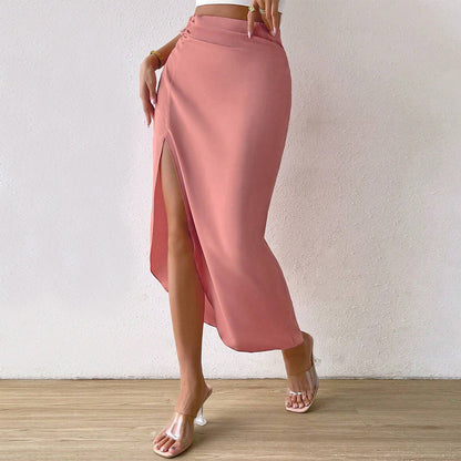 Ruched Midi Skirt with High Side Slit and Asymmetrical Hem