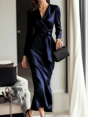 Satin V-Neck Wrap Midi Dress with Long Sleeves and Tie Waist