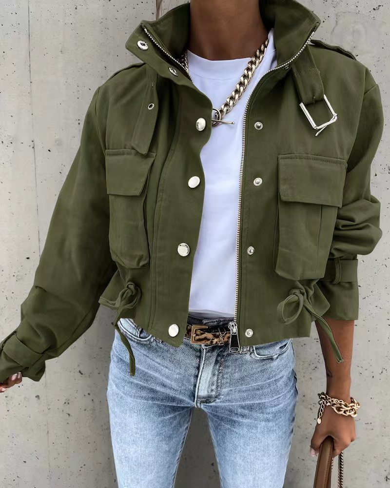 Printed Cropped Jacket with High Collar and Flap Pockets