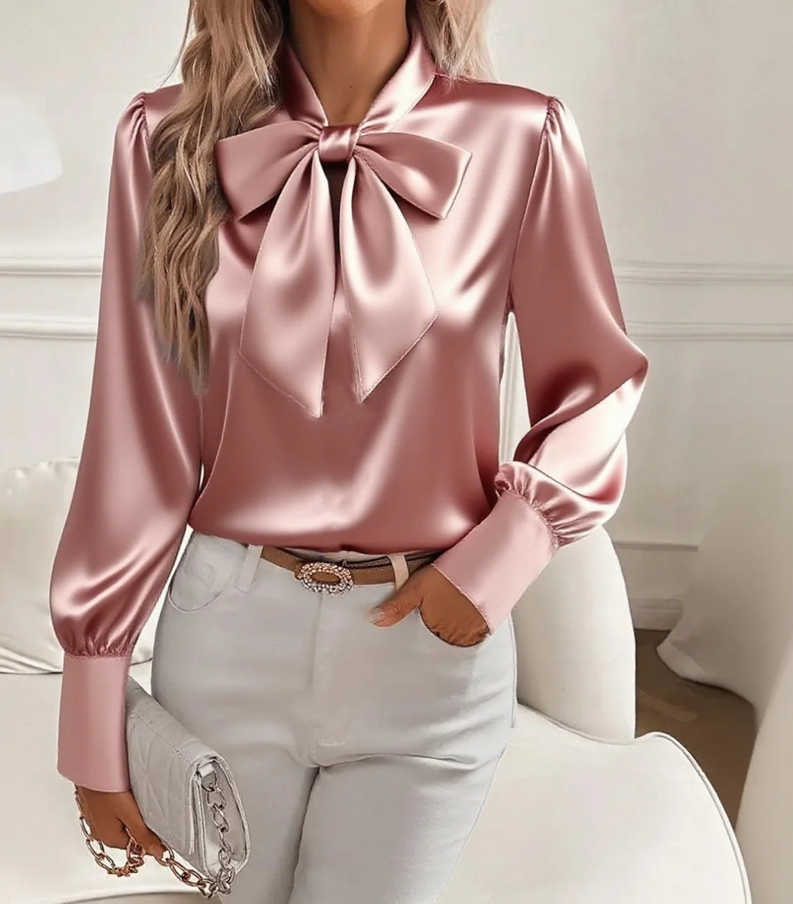 Long Sleeve Satin Blouse with Oversized Bow Collar