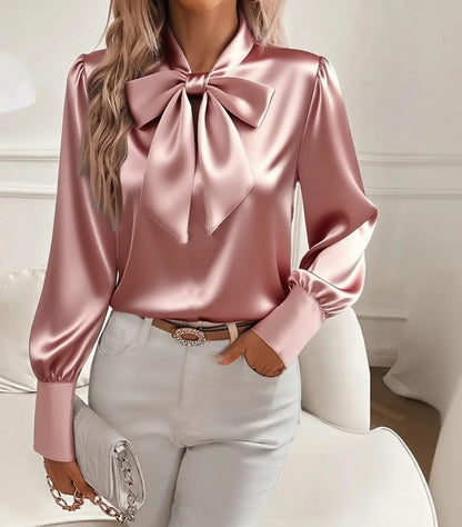 Long Sleeve Satin Blouse with Oversized Bow Collar