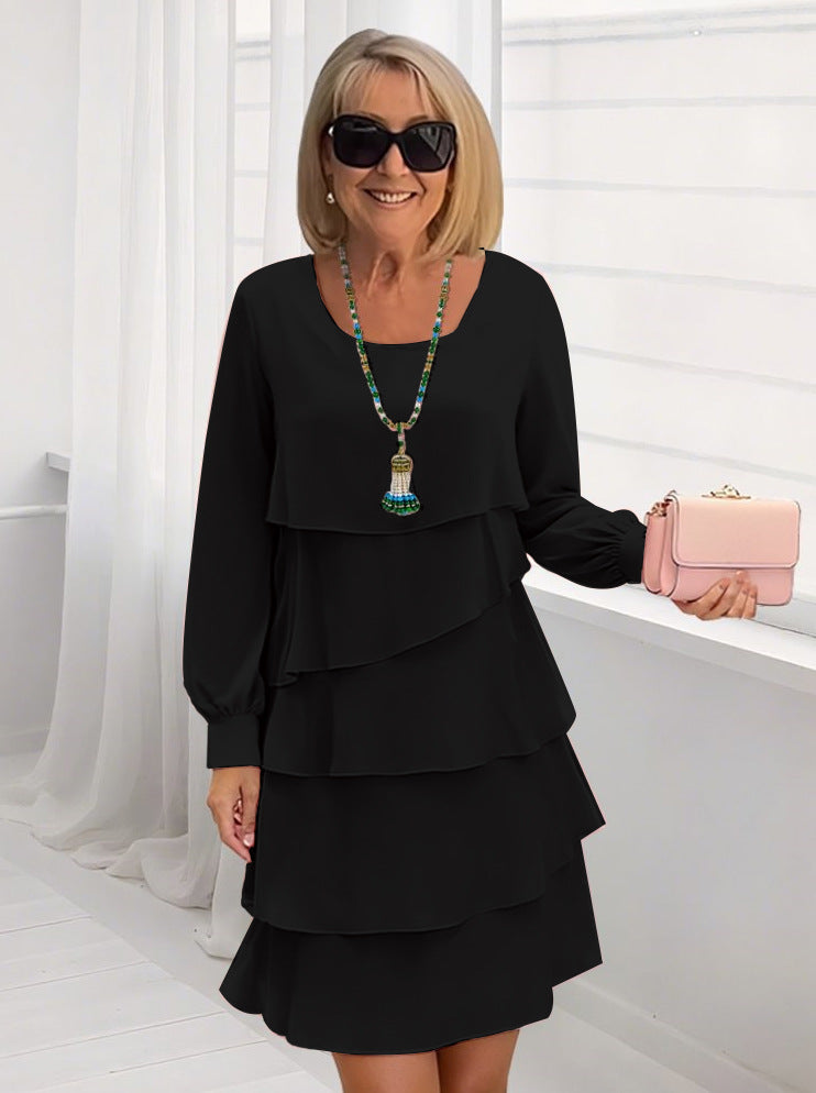 Tiered Ruffle Dress with Round Neck and Long Sleeves