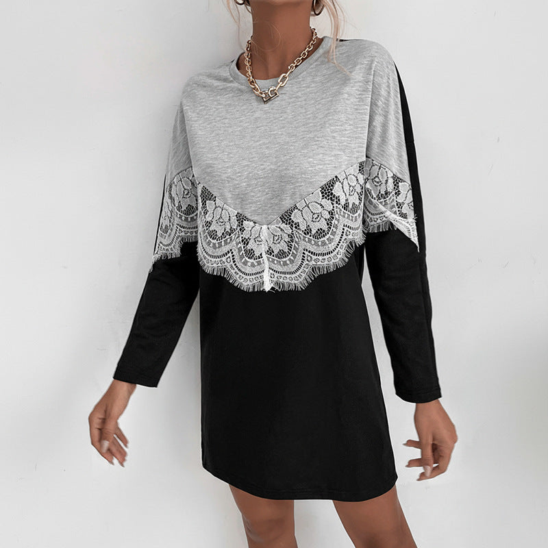 Color-Blocked Sweatshirt Dress with Lace Splicing