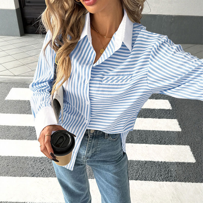 Oversized Striped Button-Down Shirt with Contrast Collar