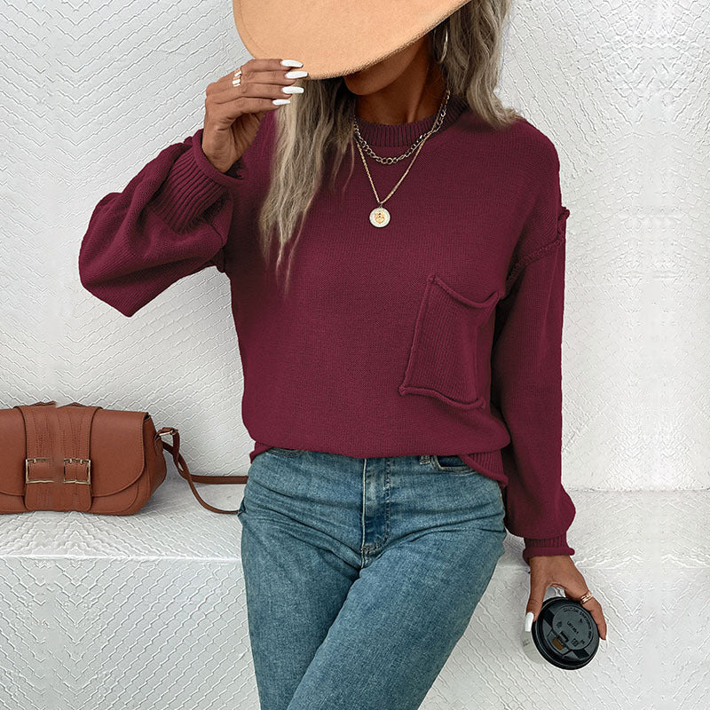 Solid Color Loose Knit Sweater with Front Pocket and Round Neck