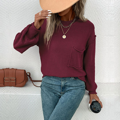 Solid Color Loose Knit Sweater with Front Pocket and Round Neck