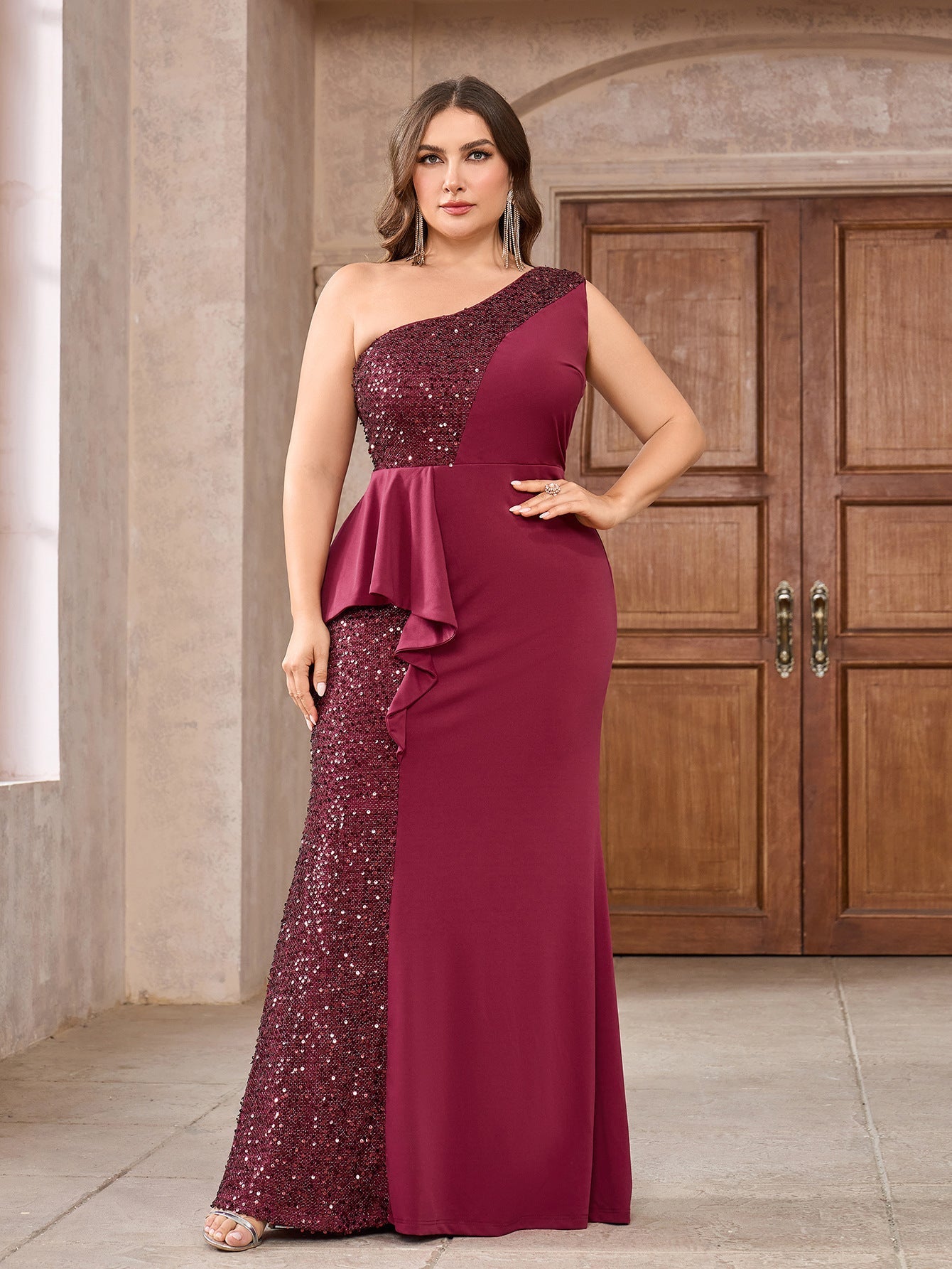 Sequin Panel Maxi Dress with One-Shoulder and Peplum