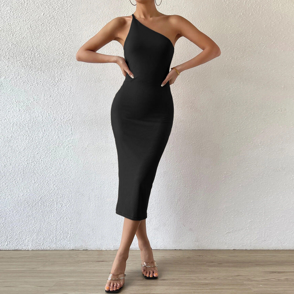 One-Shoulder Ribbed Bodycon Midi Dress with Backless Detail