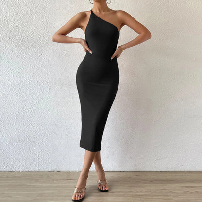 One-Shoulder Ribbed Bodycon Midi Dress with Backless Detail