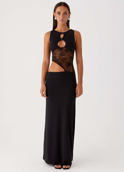 Bodycon Maxi Dress with Asymmetric Lace Panel and Cut-Outs