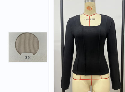 Slim Fit Square Neck Top with Exposed Seam Panelling