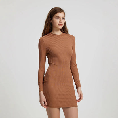 Ribbed Bodycon Mini Dress with Long Sleeves and Back Cutout