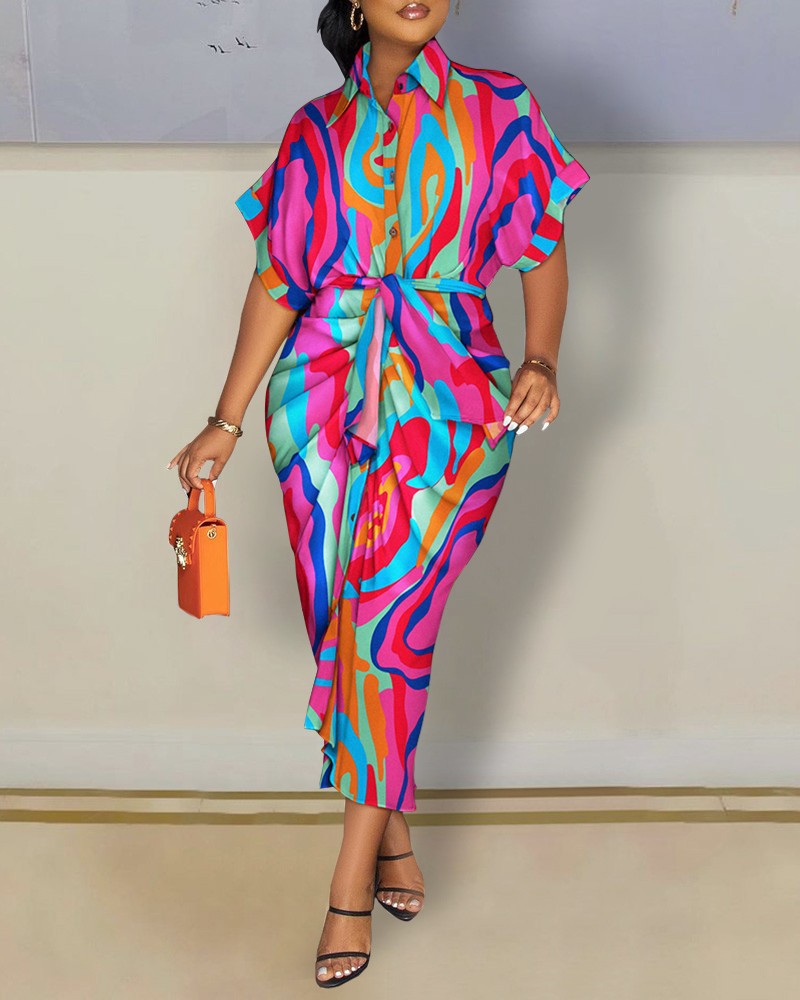 Printed Shirt Dress with Short Sleeves and Tie-Waist