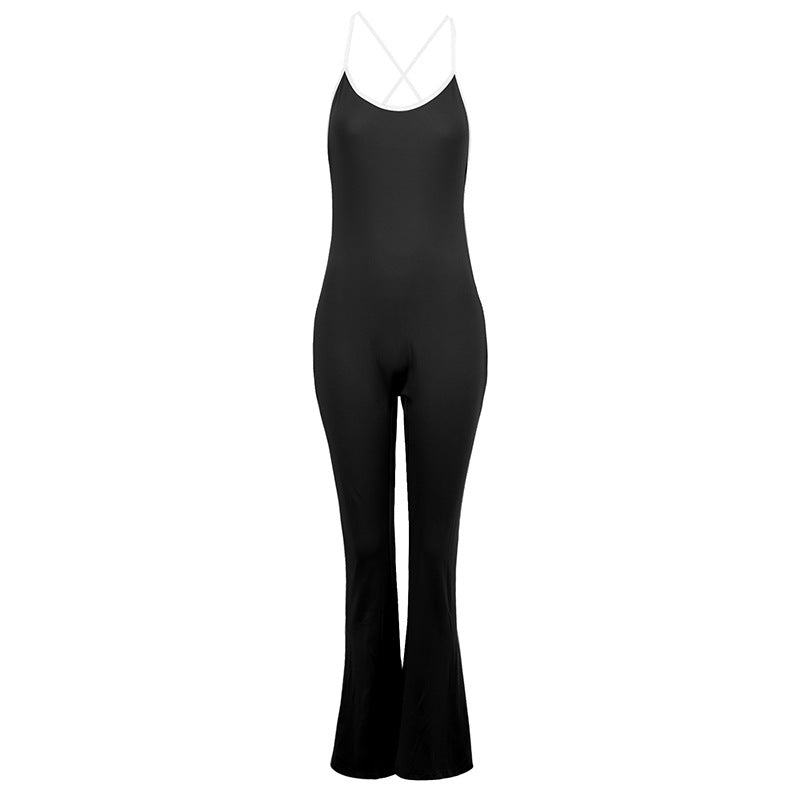 Bodycon Flared Jumpsuit with Backless Detail and Contrast Trim