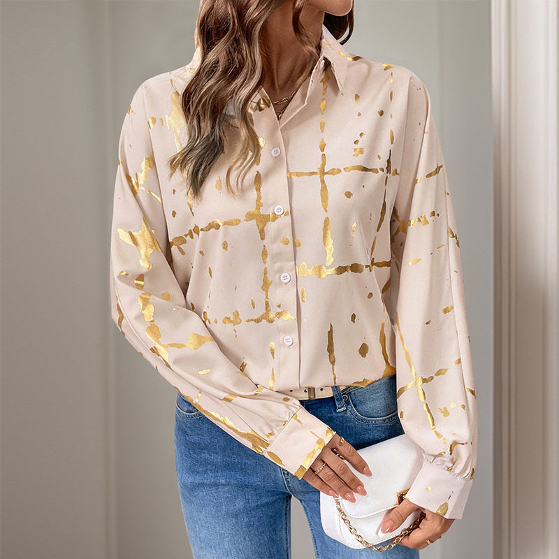 Gold Foil Print Button-Down Shirt with Puff Sleeves