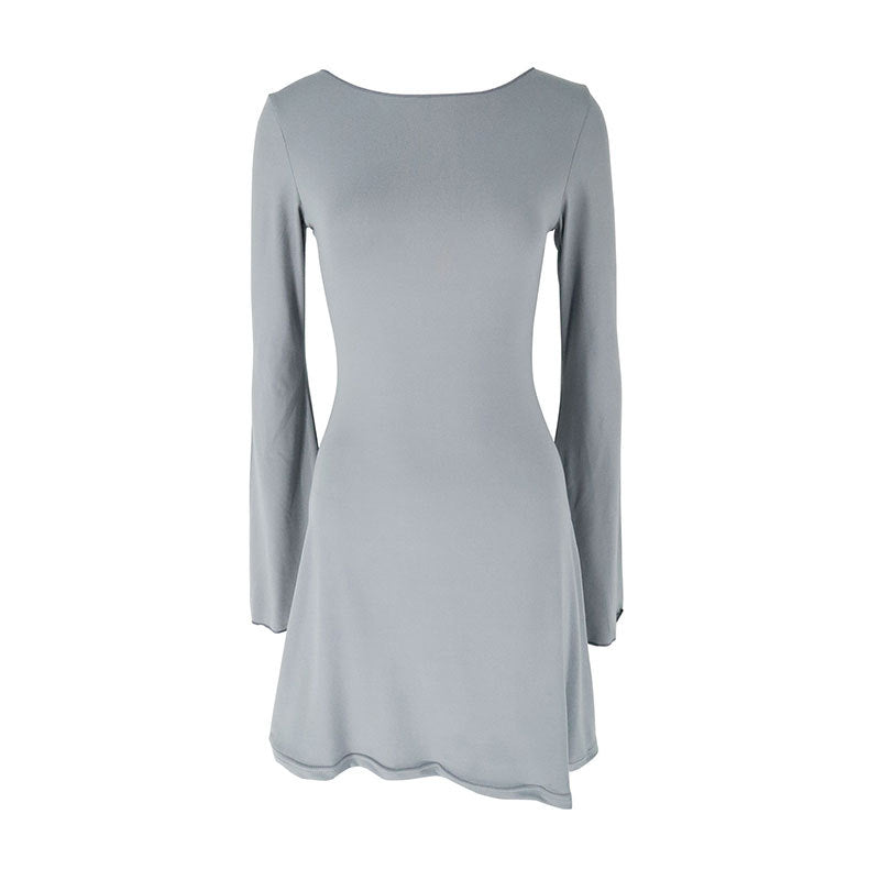 Solid Bodycon Mini Dress with Boat Neck and Bell Sleeves
