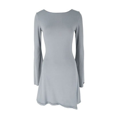 Solid Bodycon Mini Dress with Boat Neck and Bell Sleeves
