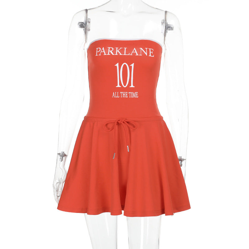 Letter Print Strapless Mini Dress with Flared Skirt