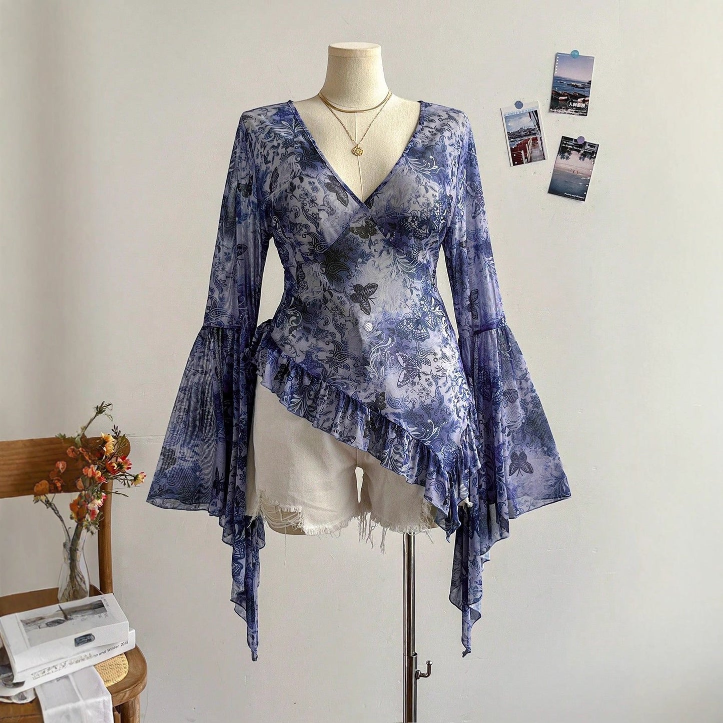 Butterfly Print V-Neck Top with Bell Sleeves and Asymmetric Hem