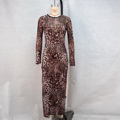 Leopard Print Mesh Bodycon Midi Dress with High Side Slit