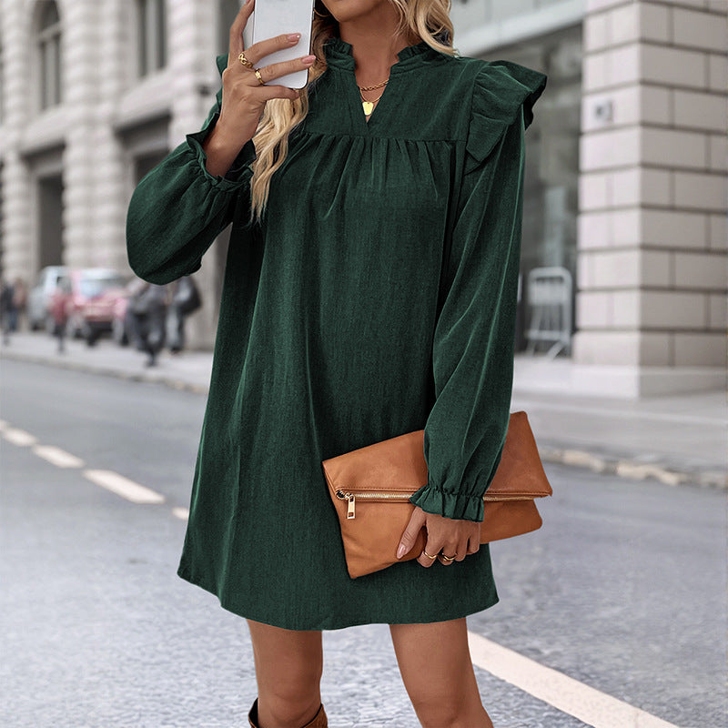 Solid A-Line Dress with Ruffled Stand Collar and Long Sleeves