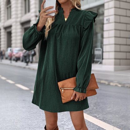 Solid A-Line Dress with Ruffled Stand Collar and Long Sleeves