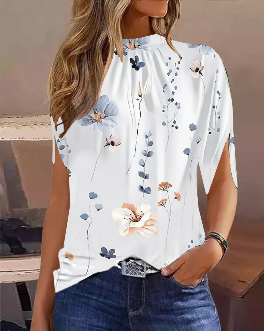 Abstract Print Top with Crewneck and Half Sleeves