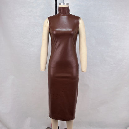 Sleeveless Bodycon Midi Dress in PU Leather with High Collar