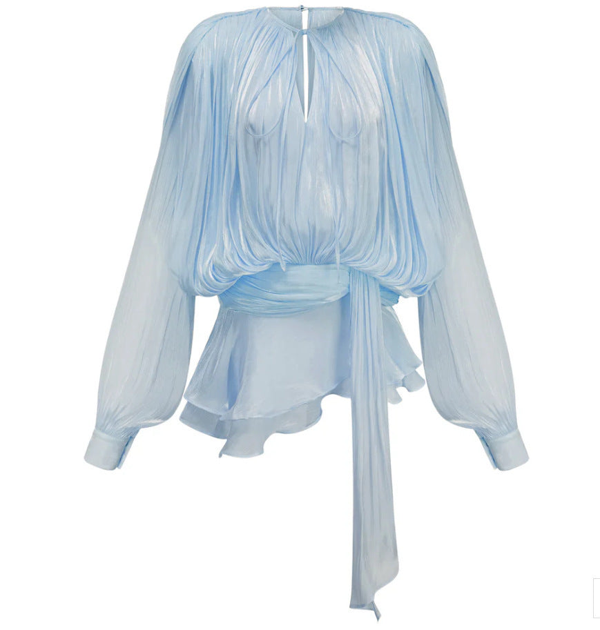 Pleated Two-Piece Set with Lantern Sleeves and Ruffled Skirt