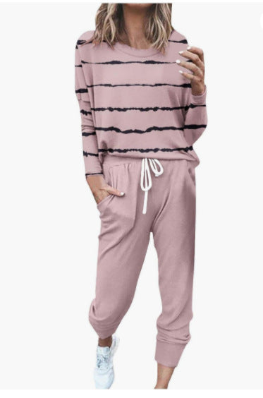 Spliced Long Sleeve Loungewear Set with Jogger Pants